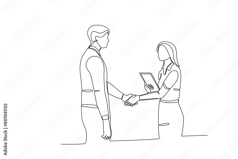 Single continuous line drawing of young Coworkers shaking hands. Business agreement celebration concept continuous line graphic draw design vector illustration Single continuous line drawing of young Coworkers shaking hands. Business agreement celebration concept continuous line graphic draw design vector illustration