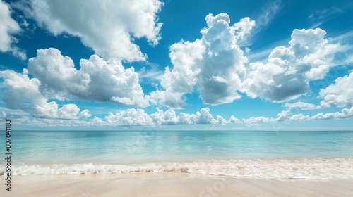 Beautiful empty tropical sea ocean beach with white clouds on blue sky background generative ai © Francheska