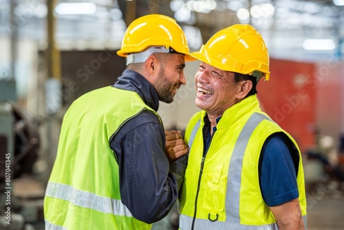 greeting by handshake touch fist and elbow of two engineer supervisor partnership in old factory. foreman greeting friend for good friendship colleague laborer in teamwork factory.