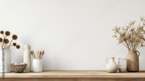 Warm sunlight casting shadows on a dried floral arrangement in a white vase and a ceramic jar on a wooden shelf against a textured wall. Background for design. Scandinavian. Generative AI