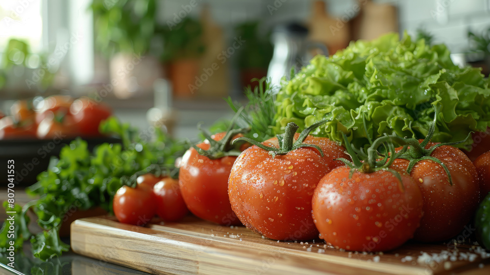Ripe tomatoes and salad on a cutting board Ripe tomatoes and salad on a cutting board