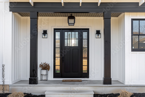 A front door detail of a white modern farmhouse with a black front door and pillars, black light fixtures, and a covered porch.