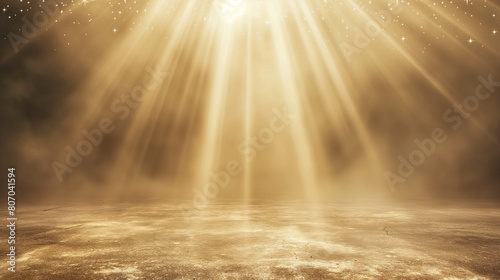 Majestic golden beams of light illuminating a empty dusty stage. Shiny festive background for product presentation or award ceremony. Copy space. Generative AI