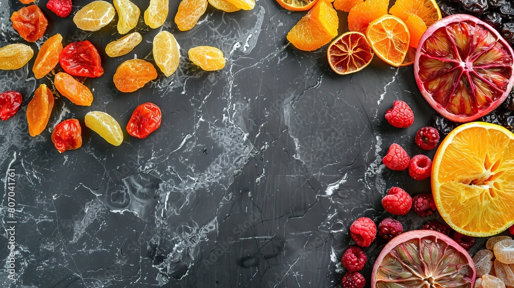 Beautiful mixture of dried fruits on a dark stone background. Food advertising. Banner, menu.