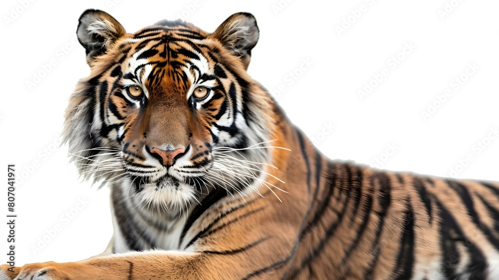 Obraz premium Majestic adult tiger with intense gaze isolated on white background. Concept Wildlife Photography, Majestic Animals, Intense Gaze, Tiger Portraits, Isolated Background