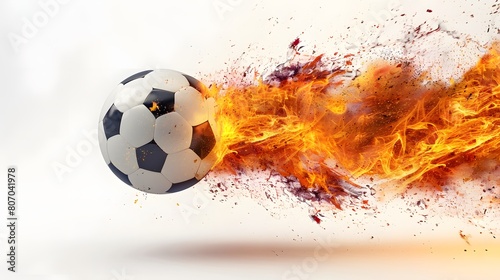 Flying football soccer ball with fire flame trails  vector sport game background. sport ball flying in fire flames in white background  fireball burning in speed motion.