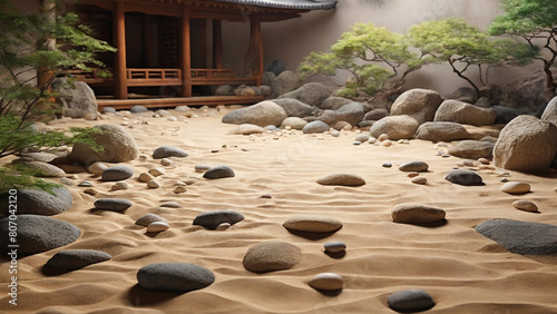 Glaze painting: A tranquil, Zen garden, with carefully arranged rocks, raked sand, and a sense of balance and serenity, all captured in the depth