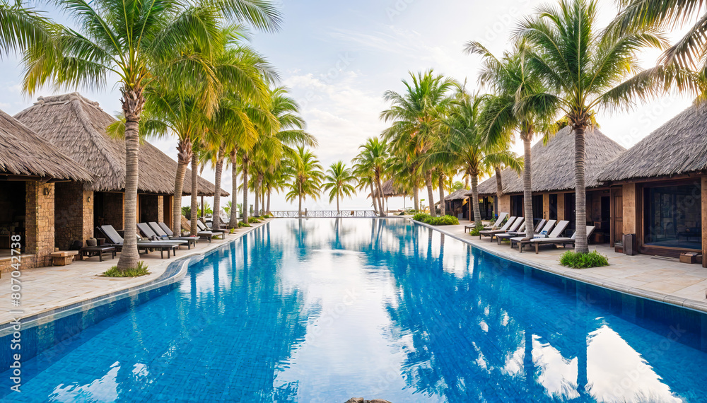 A tropical resort with a large outdoor swimming pool surrounded by palm trees and lounge chairs. The pool has clear blue water and the background shows a bright, sunny sky