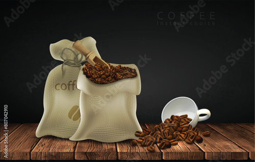 Two canvas bags, coffee beans and cup. Highly realistic illustration. © kjolak