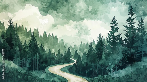 Imagine a scene of a winding trail leading through a dense pine forestWater color,  hand drawing photo
