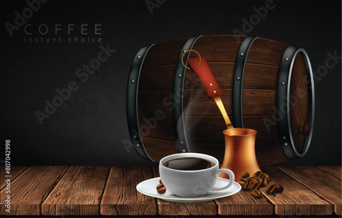 A cup of coffee and a coffee pot on the background of a wooden barrel. Highly realistic illustration. © kjolak