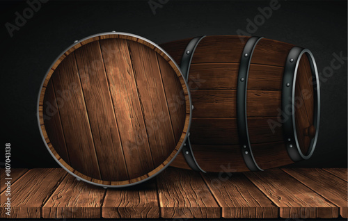 Two wine barrels on a wooden table. Highly realistic illustration. © kjolak
