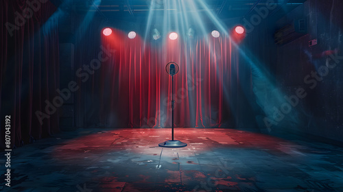 a stage with a red curtain as a background with a mic stand in the middle and spotlights for performing photo