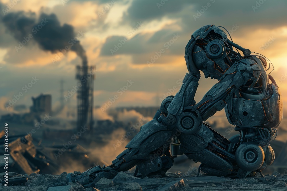 a sad cyborg sits with his head propped up on his hand, thinking against the backdrop of city ruins