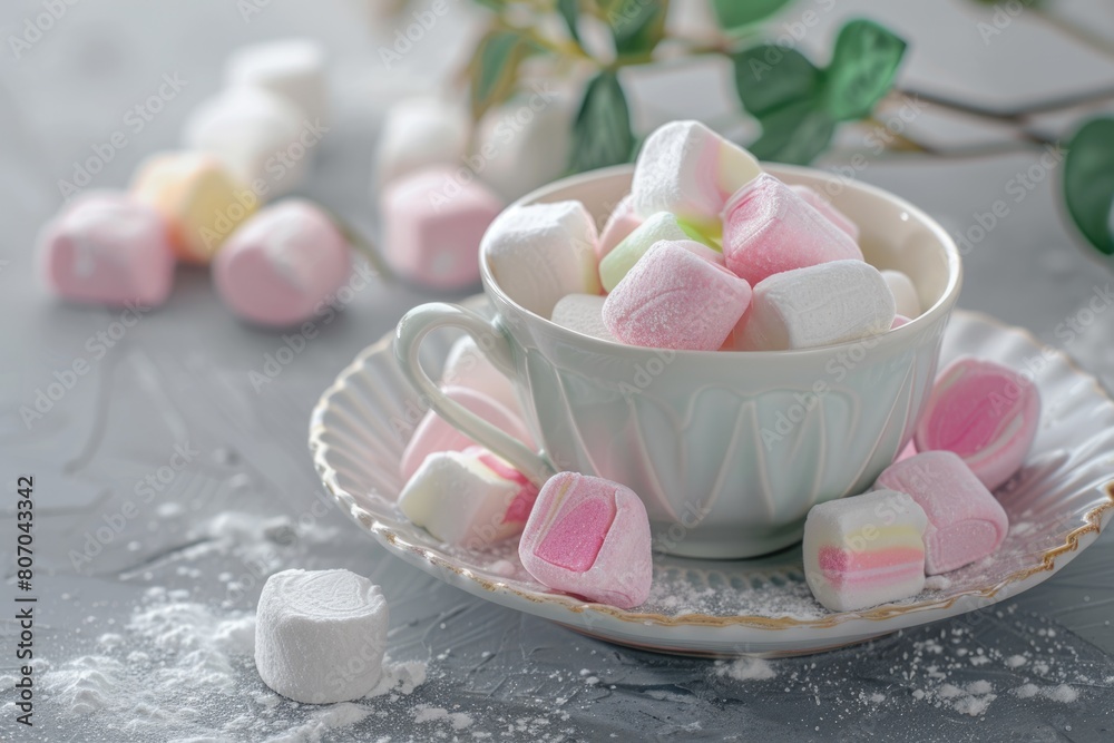 assorted marshmallow on a gray table in a cup assorted marshmallow on a gray table in a cup