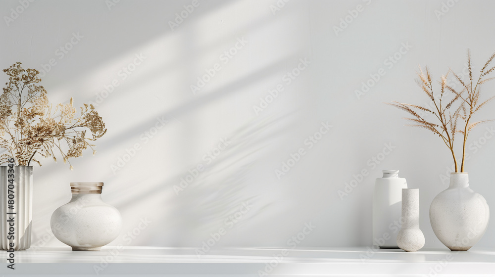 Elegant minimalist interior with dried flowers in various textured vases on a white shelf. Empty copy space for design. Generative AI Elegant minimalist interior with dried flowers in various textured vases on a white shelf. Empty copy space for design. Generative AI