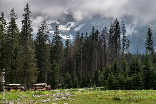 zachmurzone szczyty górskie nad Morskim Okiem w Tatrach z konnymi zaprzęgami do przewozu turystów na pierwszym planie photo