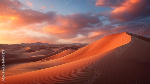 Desert sand dunes panorama at sunset. 3d render