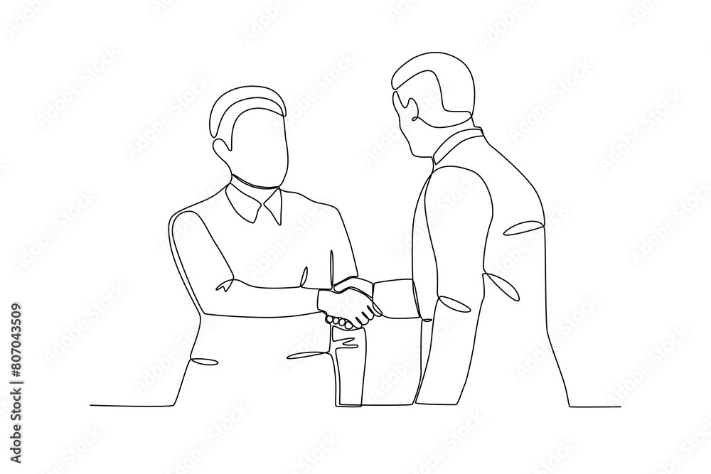 Single continuous line drawing of young Coworkers shaking hands. Business agreement celebration concept continuous line graphic draw design vector illustration Single continuous line drawing of young Coworkers shaking hands. Business agreement celebration concept continuous line graphic draw design vector illustration