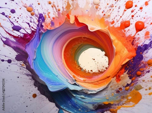 Abstract circle liquid motion flow explosion. Curved wave colorful pattern with paint drops