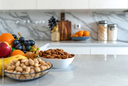 Bright and minimalist kitchen with a spread of healthy snacks like nuts and fruits  simplicity in eating