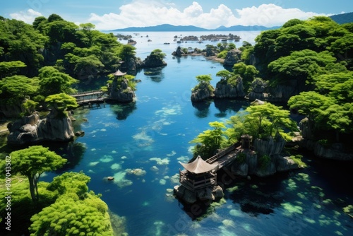 Japan landscape. Serene Japanese Garden Island Surrounded by Turquoise Waters.