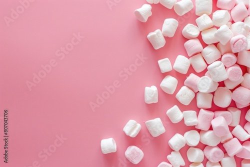 Marshmallows on pink background. Winter food concept.