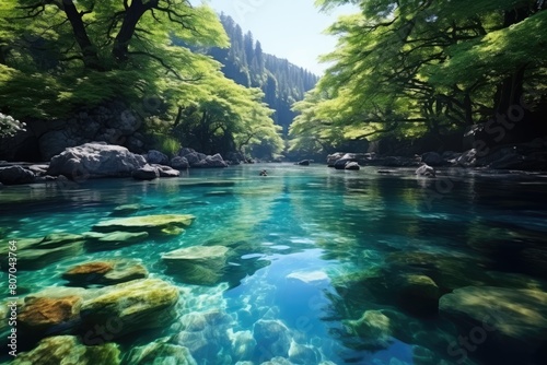 Japan landscape. Tranquil Forest River Landscape with Clear Blue Water and Lush Green Trees. © Sci-Fi Agent