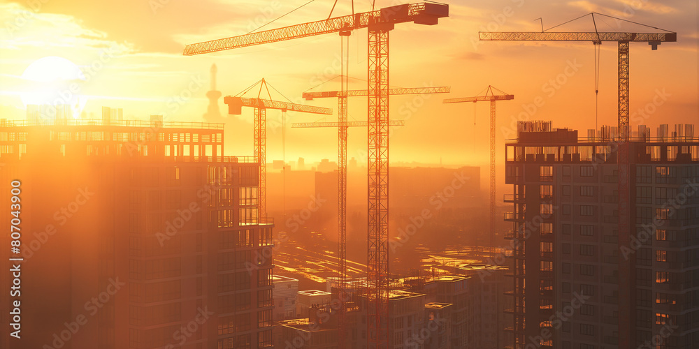 City or industrial building development with tower lifting cranes in construction sites at sunset. real estate, property architecture City or industrial building development with tower lifting cranes in construction sites at sunset. real estate, property architecture