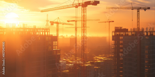 City or industrial building development with tower lifting cranes in construction sites at sunset. real estate, property architecture photo