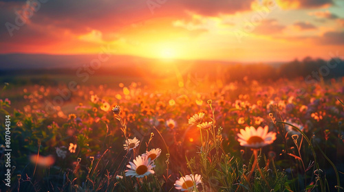 sunset in the field, many daisies on the scene 