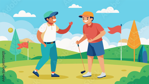 Golfers exchanging friendly banter as they make their way around the course enjoying the warm summer weather and the competitive spirit of the. Vector illustration