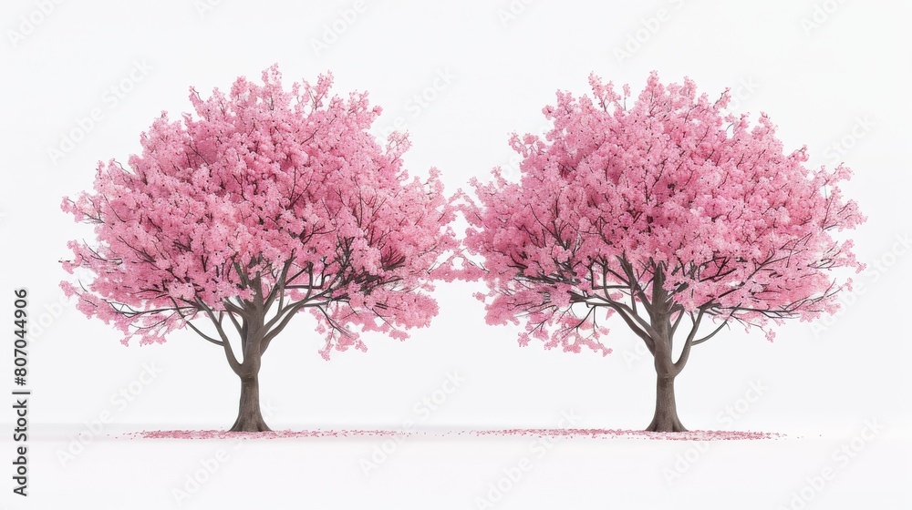 Two pink cherry trees are standing next to each other Two pink cherry trees are standing next to each other