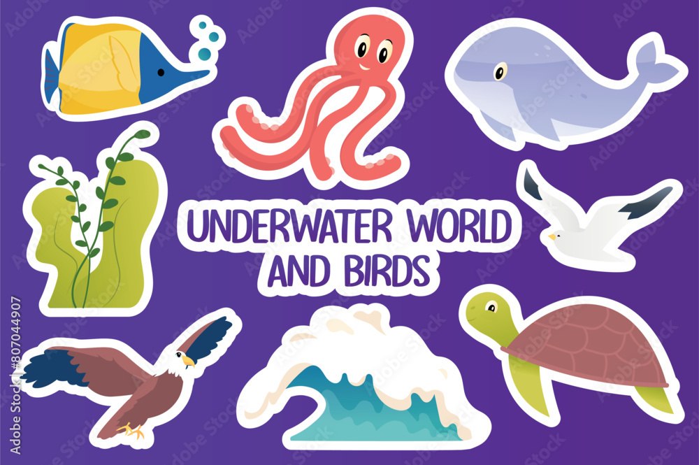 Obraz premium Set of stickers Underwater world and birds in flat cartoon design. The beauty and balance between the bird kingdom and the underwater world is depicted in this picture. Vector illustration.