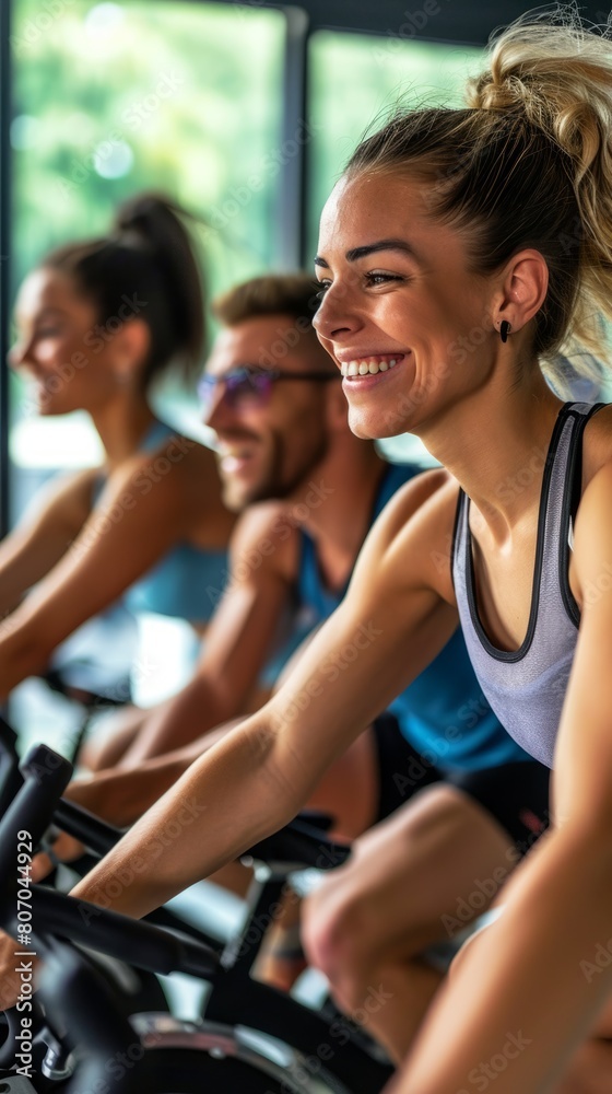 People Happily Cycling Together in the Gym People Happily Cycling Together in the Gym
