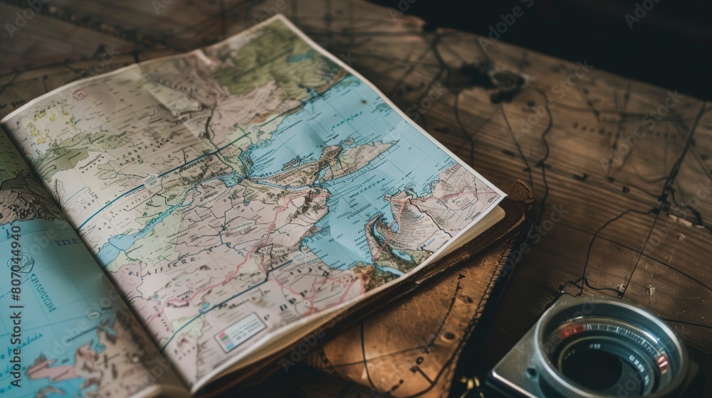 Obraz premium Travel Planning and Maps - Visuals related to travel planning, maps, and guidebooks.