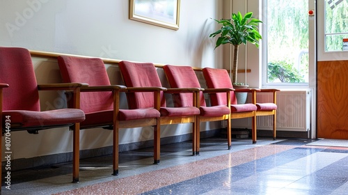 Modern medical facility with short wait times  empty waiting room chairs. Serene medical waiting area with empty chairs  promoting patient relaxation.