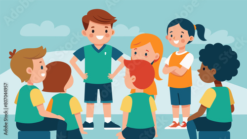 Learning the fundamentals of the game a group of young boys and girls listen intently to their coachs instructions as they prepare for a scrimmage.. Vector illustration