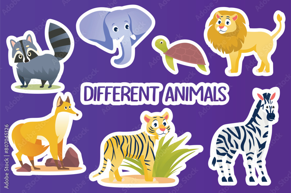 Fototapeta premium Set of stickers Different animals in flat cartoon design. This illustration depicts animals of different types: a raccoon, an elephant, a turtle, a lion, a fox, a tiger, a zebra. Vector illustration.