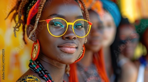 beautiful afro girl in glasses against the background group of multicultural girls, World Day for Cultural Diversity