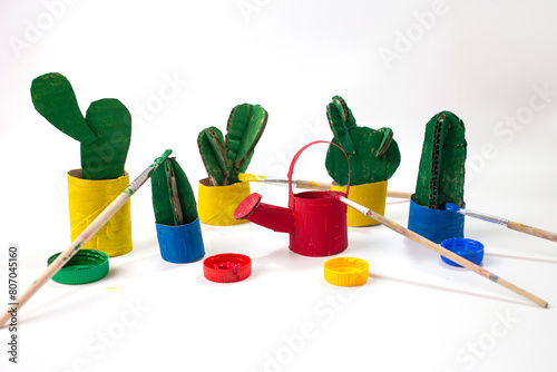a group of potted plants sitting on top of a table, dripping colorful paint, close-up product photo, children's, cactus,