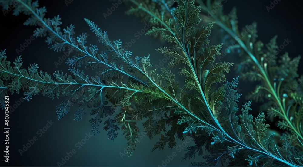 Obraz premium Abstract frosty fern-like plant branches with glowing blue and green gradient on dark background