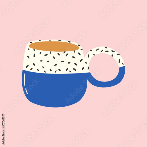 Cute ceramic cup for coffee and tea. Doodle drawing of hand made mug. Bizarre kitchen decor. Vector illustration
