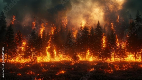 Digital forest on fire with a countdown timer  symbolizing the climate tipping point  highly detailed 3D render