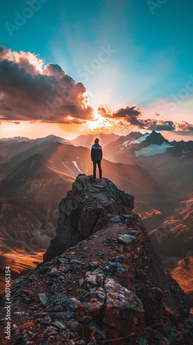 vertical image of a person on the top of the mountain looking at his future