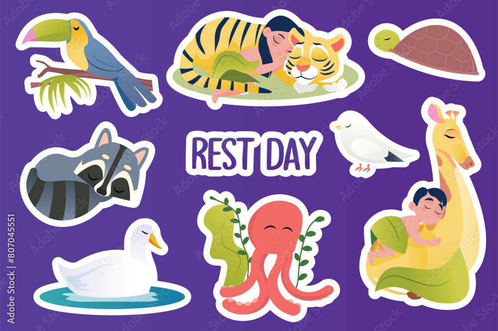 Naklejka premium Set of stickers Rest day in flat cartoon design. In this illustration, cute animals and people are resting together enjoying the peace. Vector illustration.
