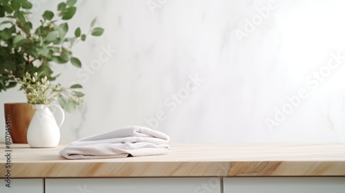 A minimalist composition with a neatly folded white t-shirt and a vase of eucalyptus on a wooden table. The clean design against a white wall background is perfect for showcasing home decor ideas.