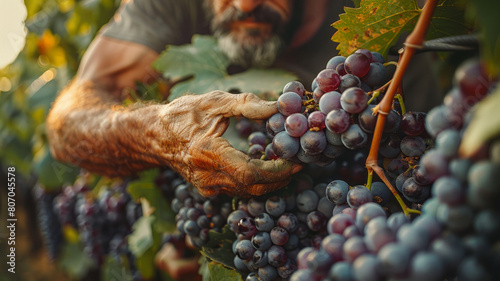 Man picking grapes in a vineyard.