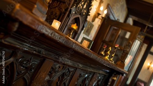 Historic inn  close-up on aged wood reception desk  candlelit ambiance  detailed carvings visible 