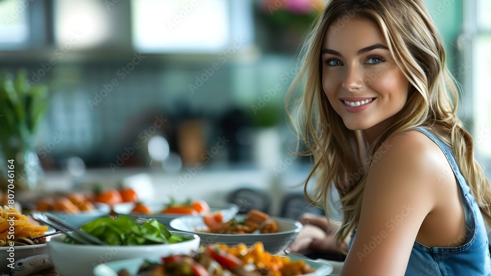 A woman sitting at a table with food representing mealtime or dining. Concept Dining Scene, Food Photography, Mealtime Moments, Woman at Table, Lifestyle Dining